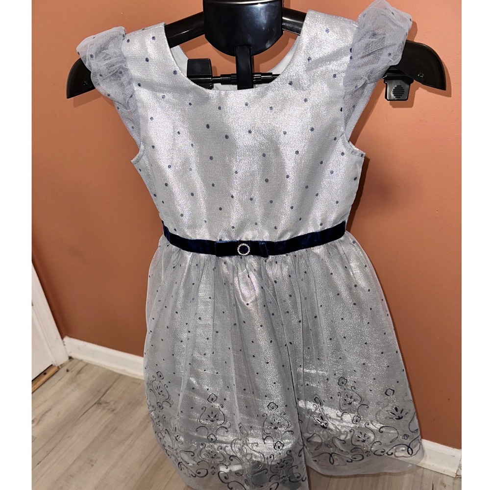 Jona Michelle Girls Silver Special Occasion Party Dress w/ Blue Velvet Belt sz 8